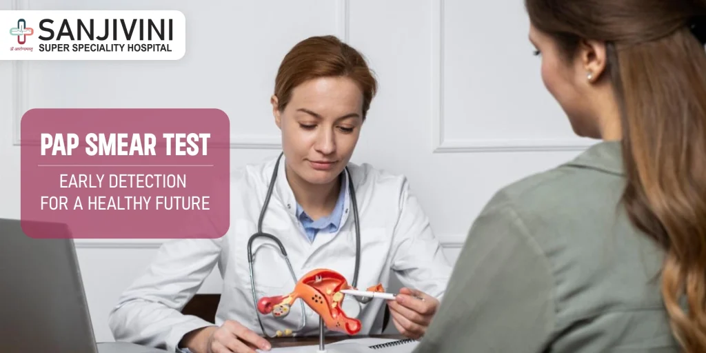 Doctor explaining Pap smear test to a woman using a female reproductive system model