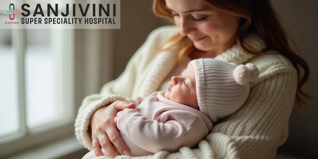 Mother dressing baby in warm cotton layers during winter