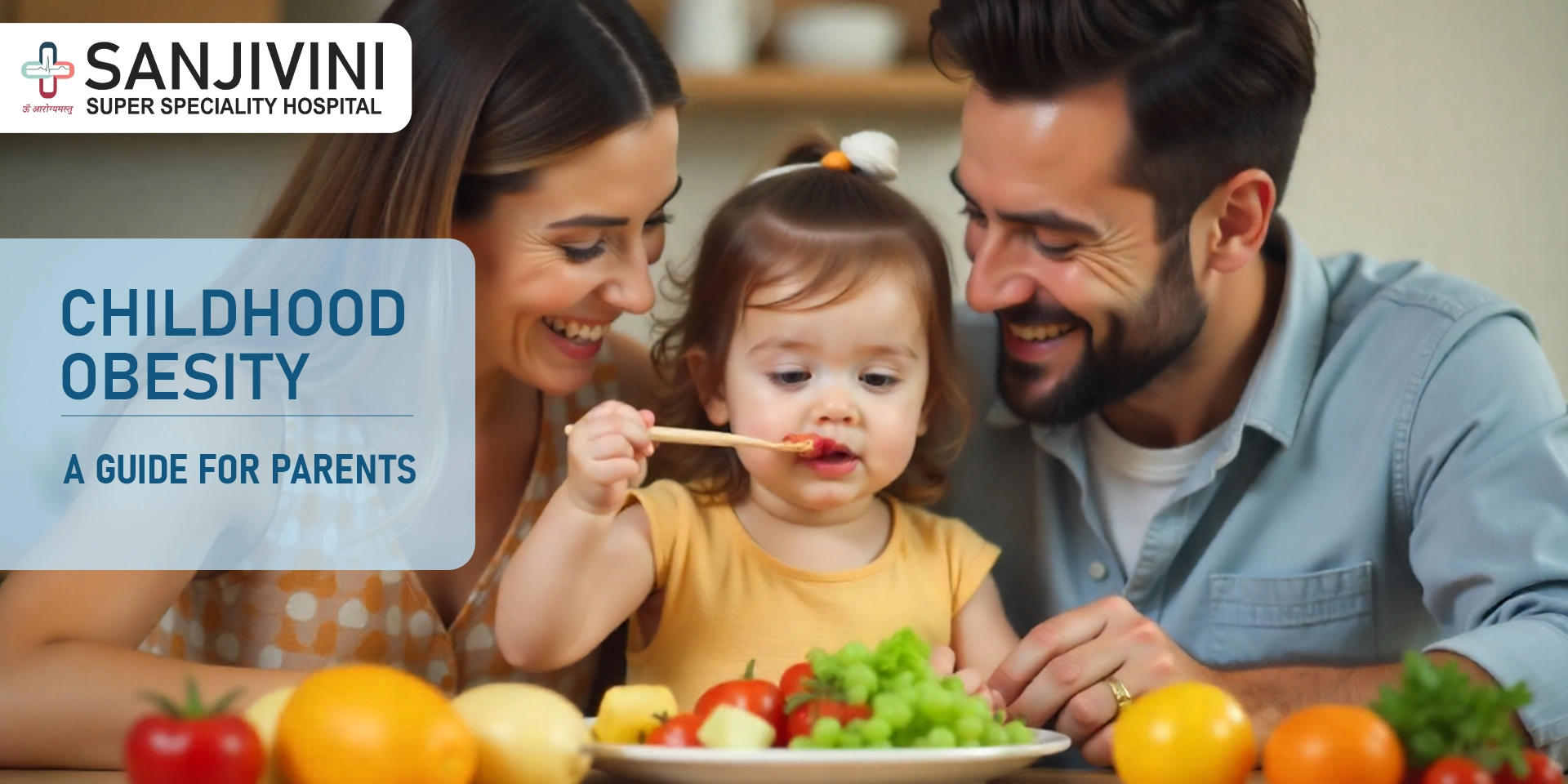 Happy child eating healthy food with parent, promoting awareness about childhood obesity prevention.