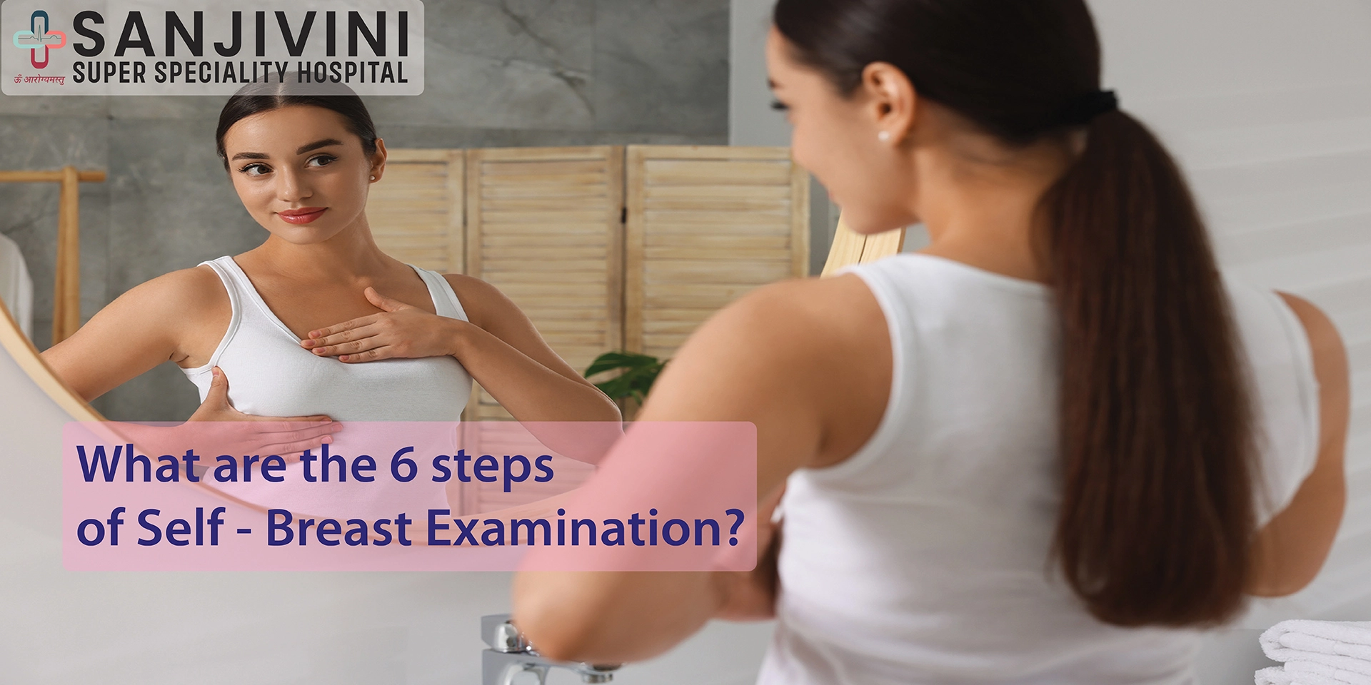 Woman performing self breast examination in front of mirror for early detection of breast cancer