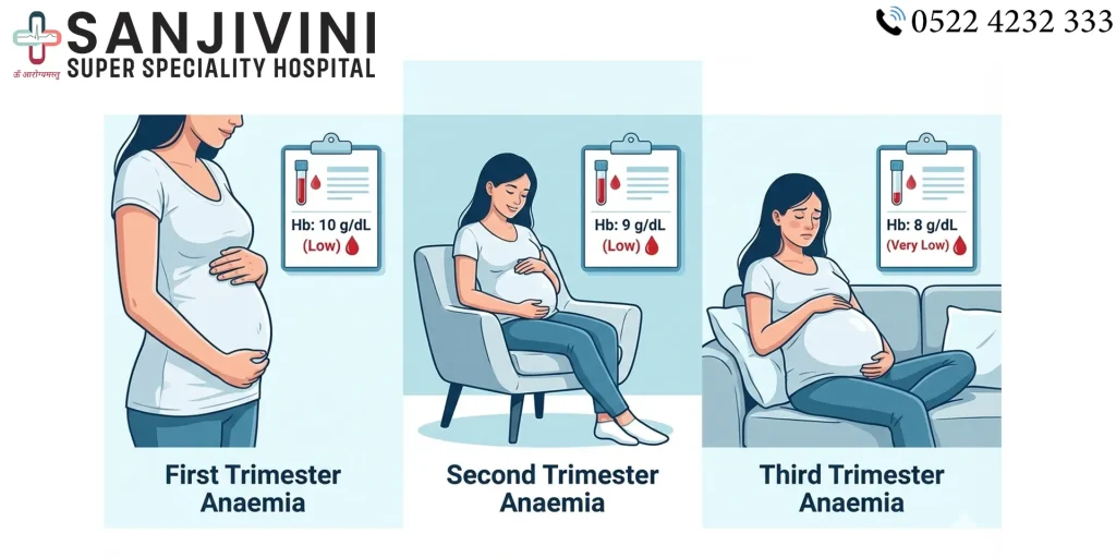 anaemia in pregnancy showing low haemoglobin in different trimesters