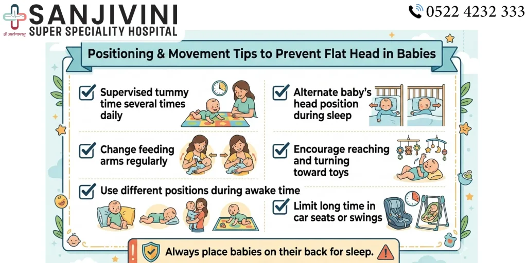 Checklist showing positioning and tummy time tips to prevent flat head syndrome in babies
