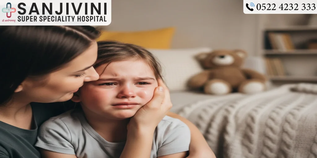 Child crying and seeking reassurance, showing emotional signs of anxiety in kids