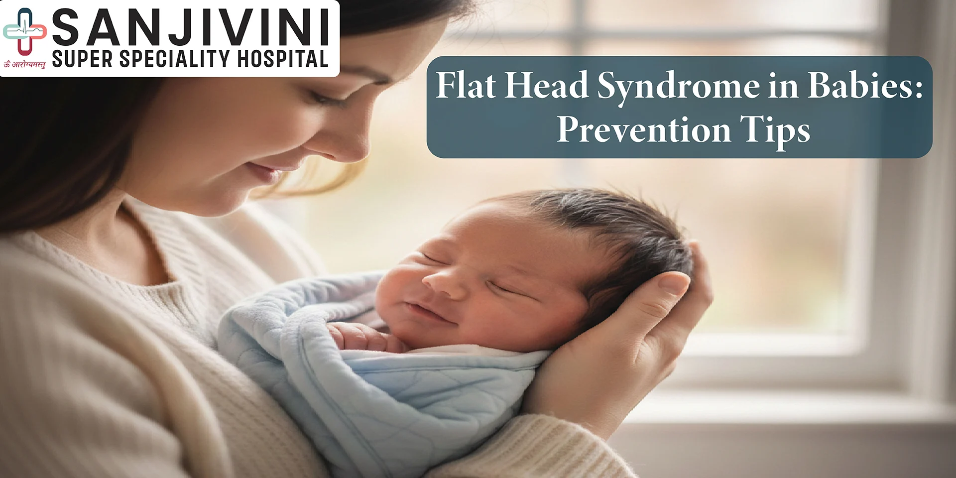 Mother holding baby showing early flat head syndrome in babies