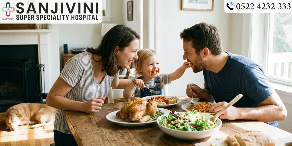 Family eating together to help child develop healthy eating habits