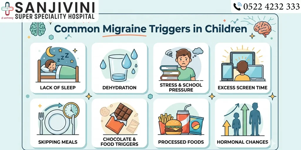 Infographic showing common migraine triggers in children including sleep, stress, dehydration and food triggers