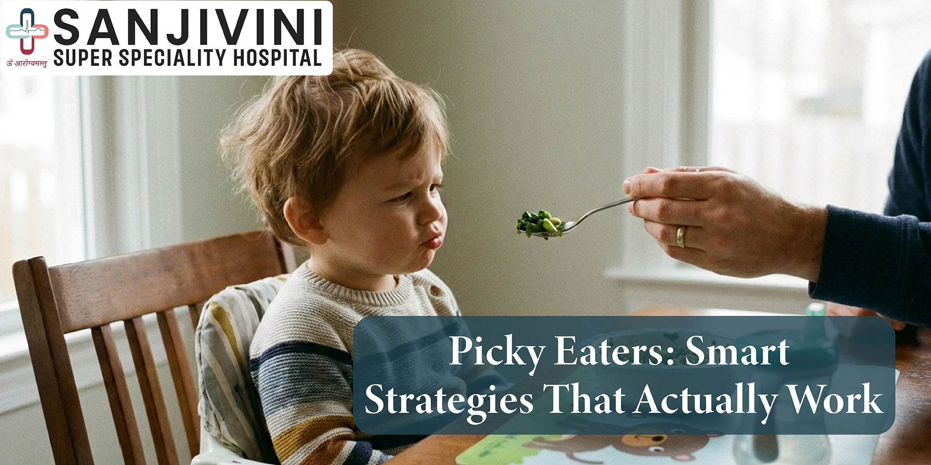 Parent encouraging a picky eater child to try healthy food during mealtime