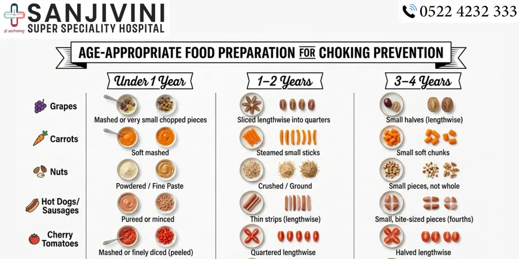 Age-appropriate food sizes for children showing safe food preparation to prevent choking
