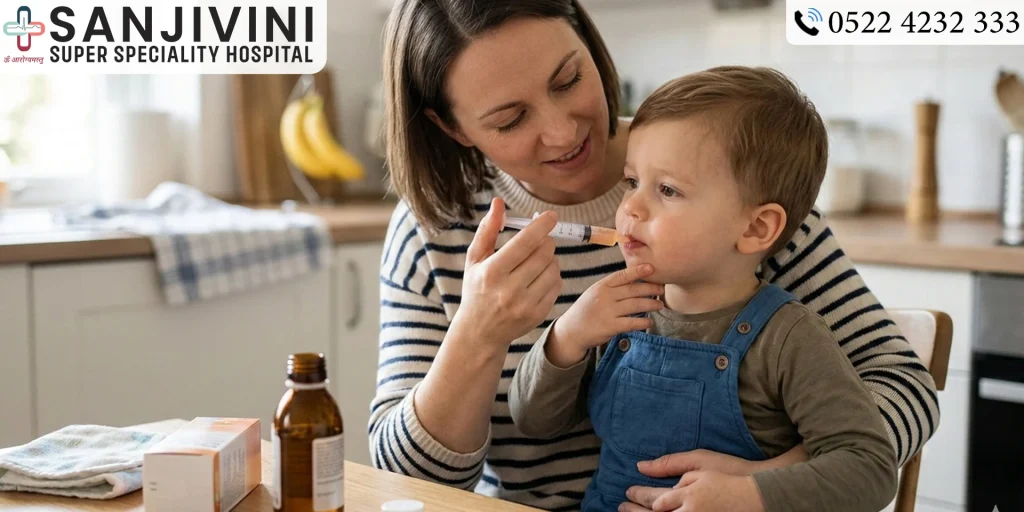 Parent giving correct antibiotic dosage to child using syringe