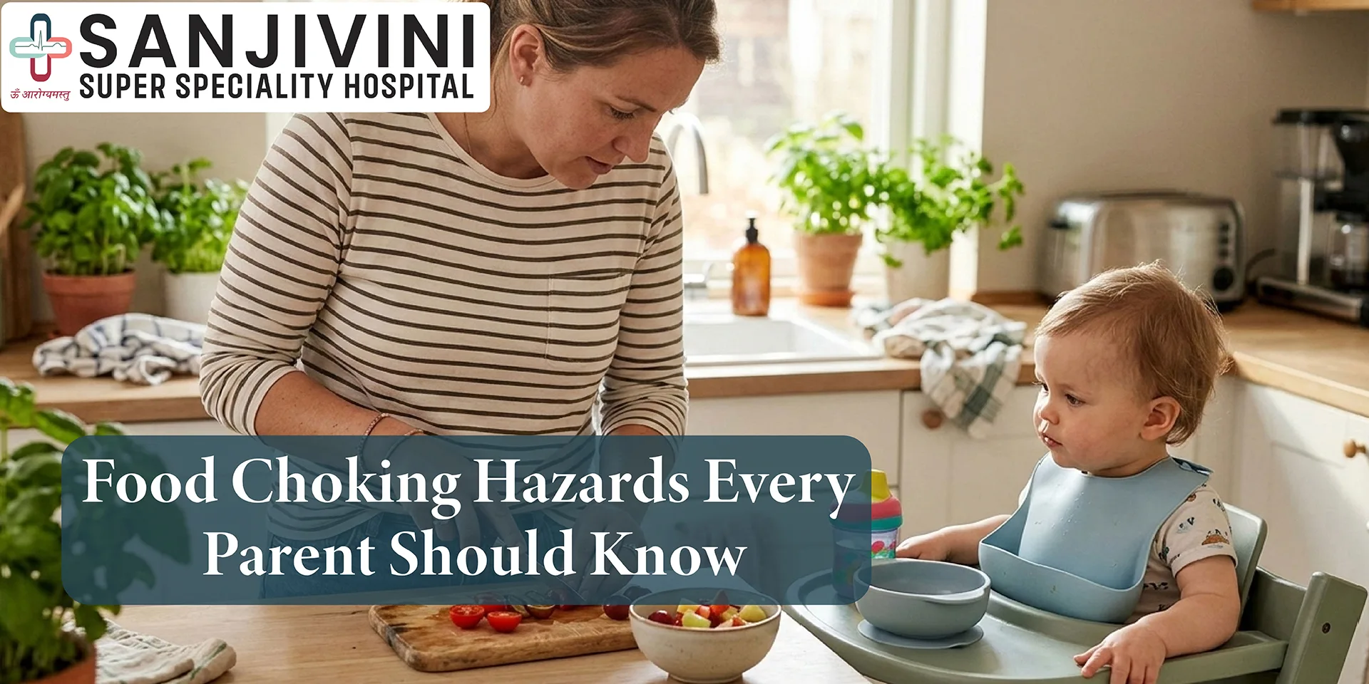 Food choking hazards in children and the parent cutting food into safe pieces for toddler