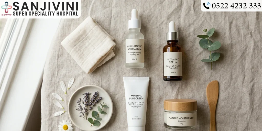 Pregnancy safe skincare products including hyaluronic acid and mineral sunscreen