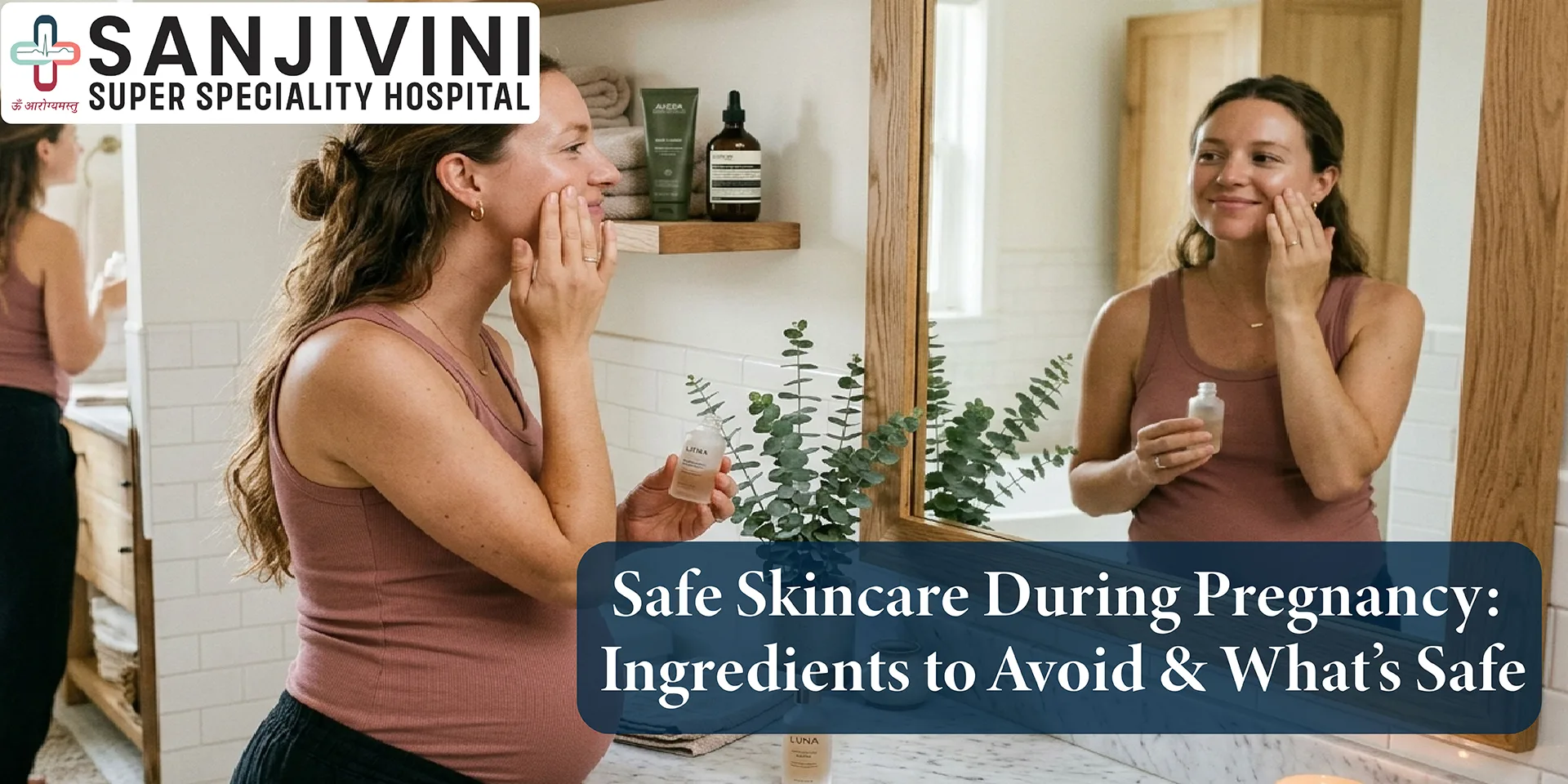 Pregnant woman following a safe skincare during pregnancy routine at home