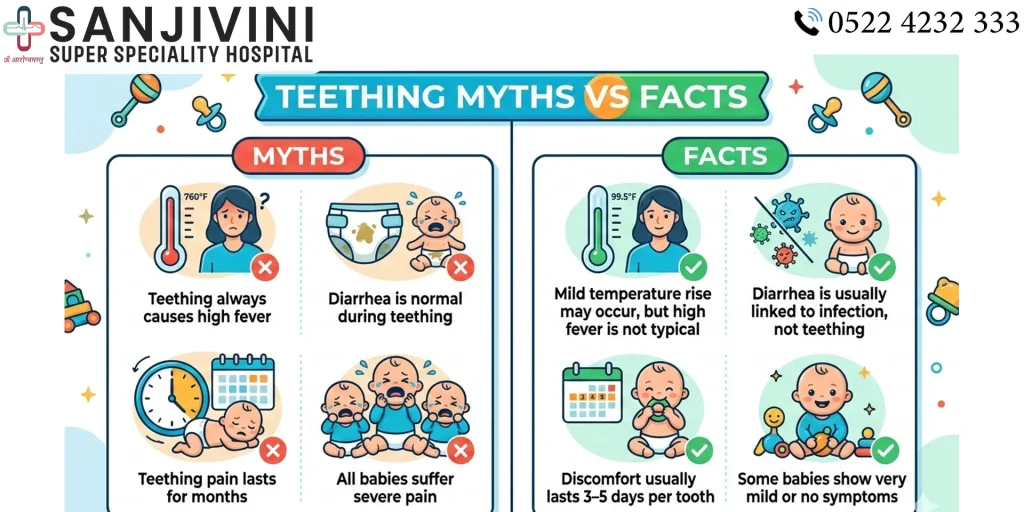 Common teething myths vs facts infographic explaining symptoms in babies