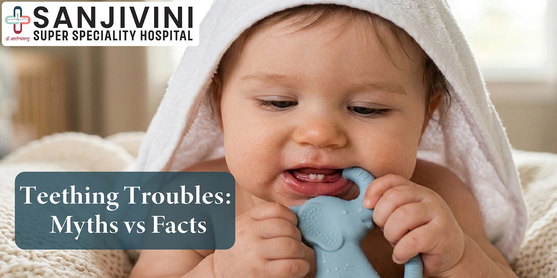 Baby with visible early teeth chewing toy during teething troubles in babies